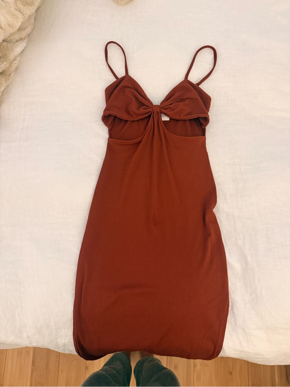 Hello Molly Rust Ribbed Bow Front Cutout Mini Dress Small US4